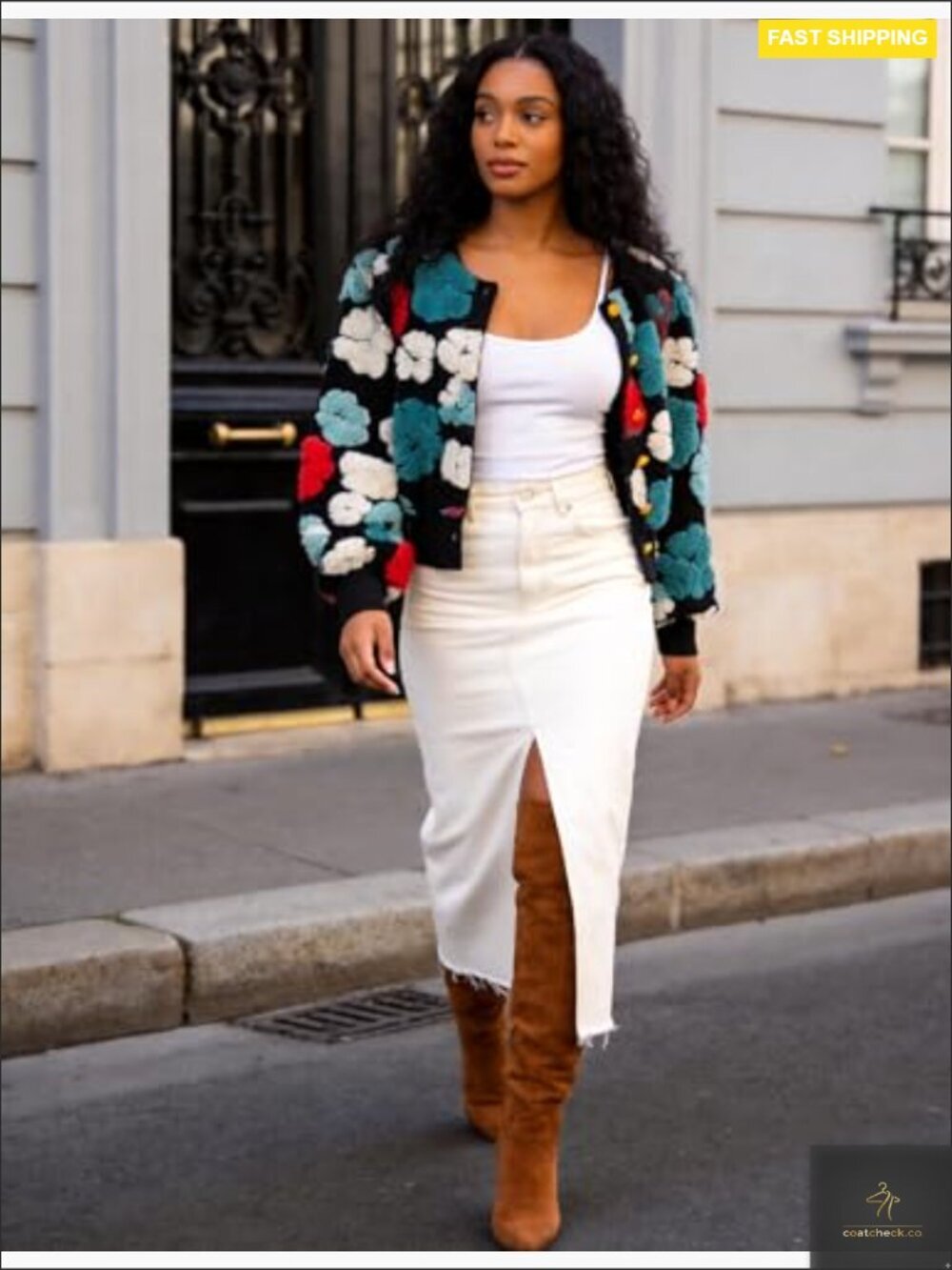 Cropped Floral Bomber Jacket Fleece Vintage Aviator Style Puff Sleeve - Picture 5 of 7